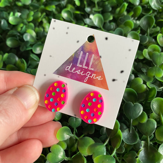 Easter Egg Earrings. Hand Painted Rainbow Polka Dot Easter Egg Studs - These guys are all kinds of great with their Hot Pink Base!