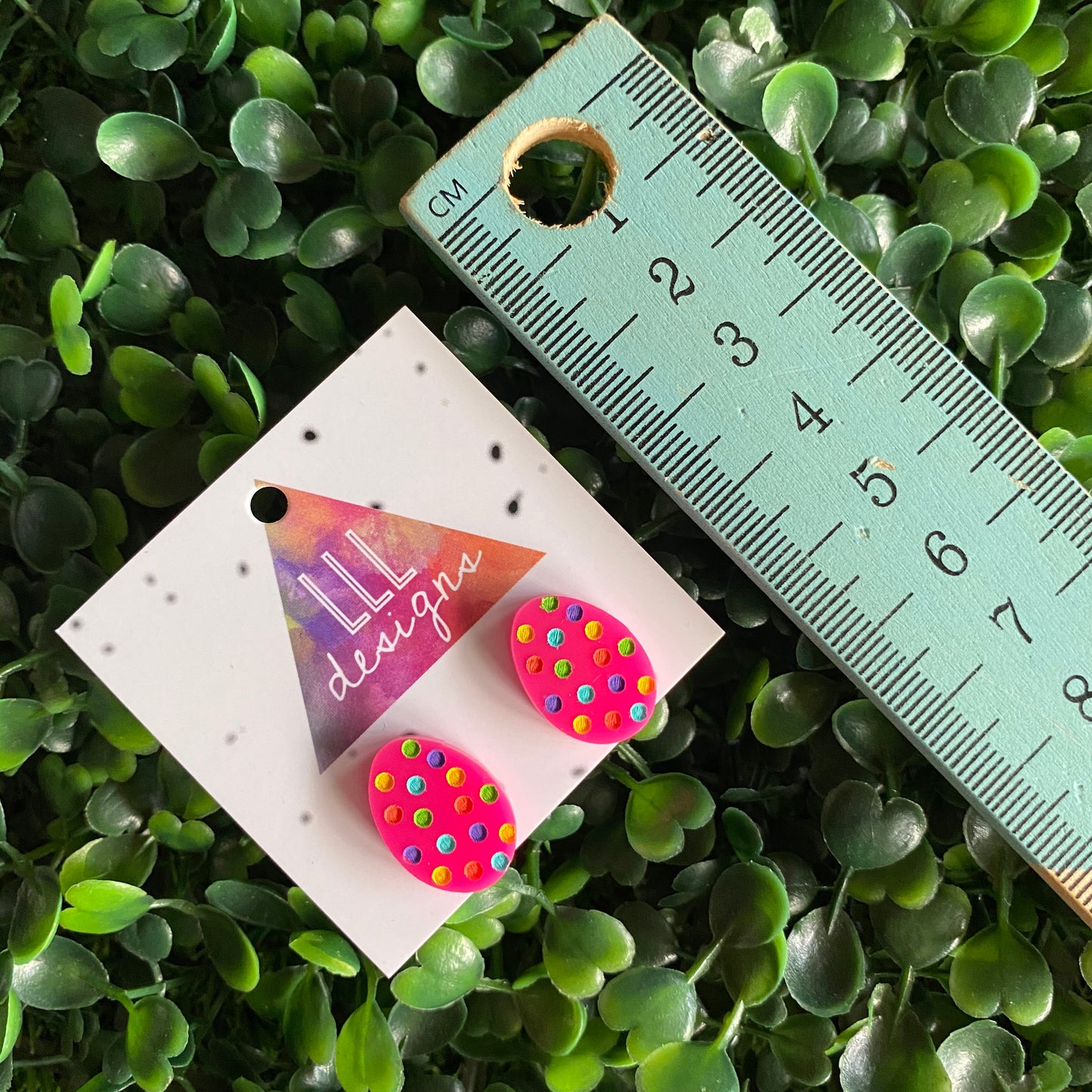Easter Egg Earrings. Hand Painted Rainbow Polka Dot Easter Egg Studs - These guys are all kinds of great with their Hot Pink Base!