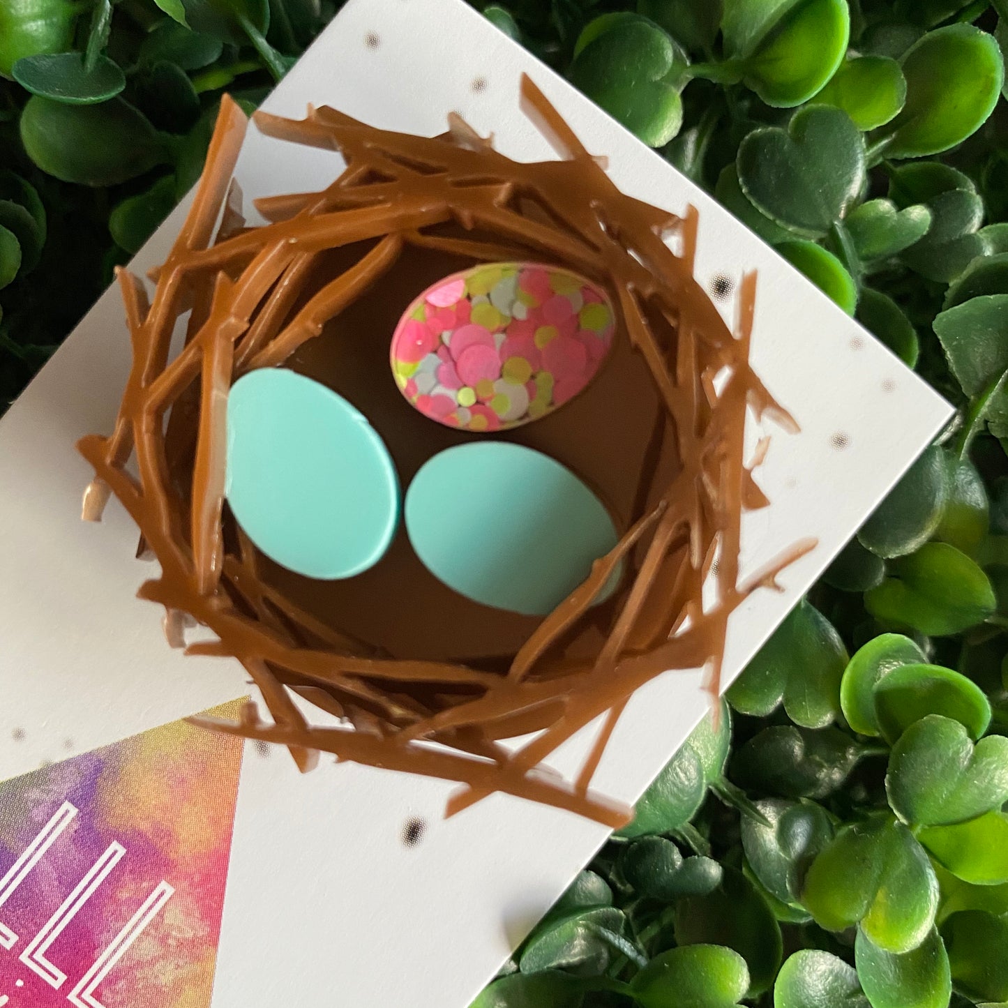Easter Brooch. Birds Nest Brooch - Featuring 2 Matte Pastel Mint and 1 Colourful Speckled Eggs, set in a nest made of 3 layers of intricately cut acrylic.