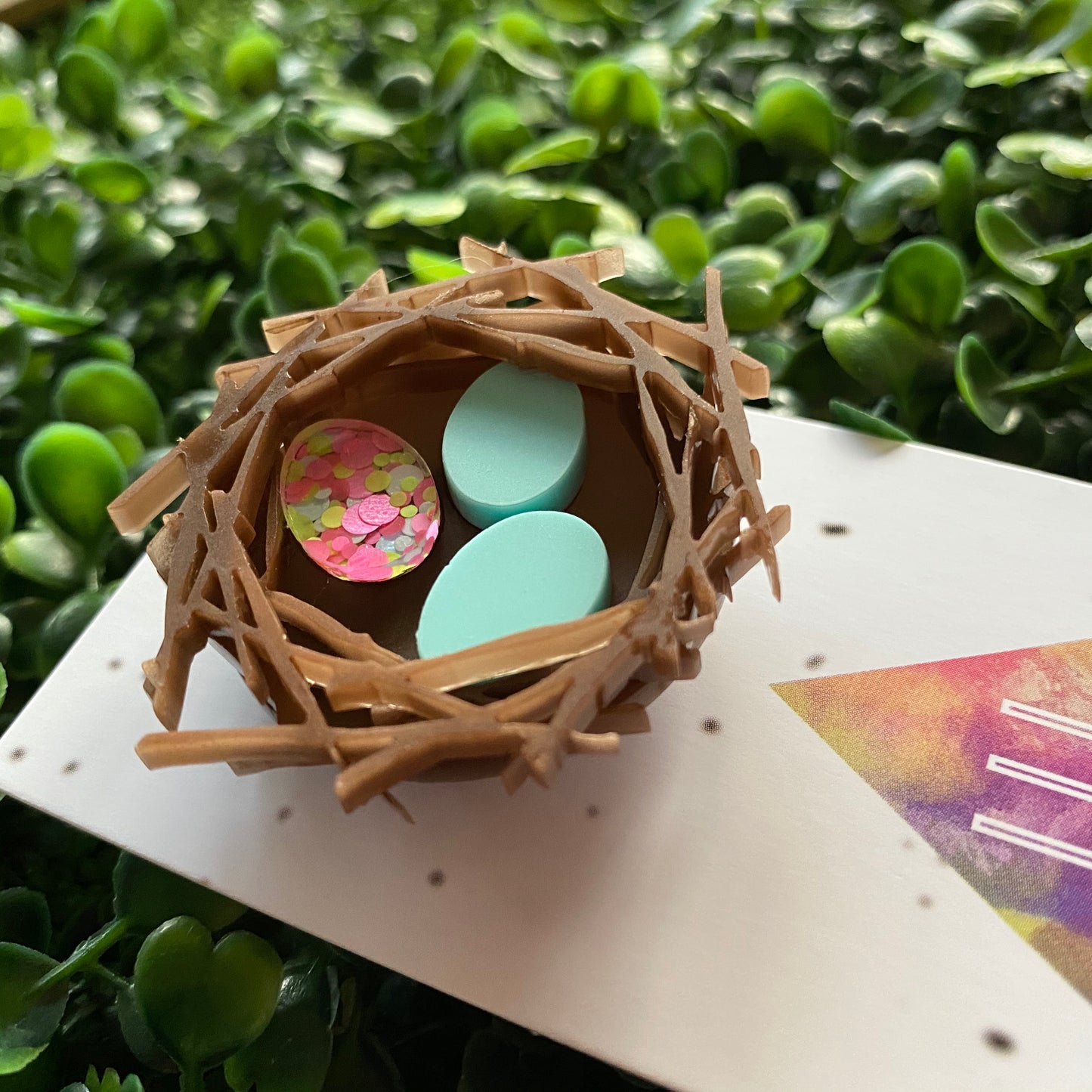 Easter Brooch. Birds Nest Brooch - Featuring 2 Matte Pastel Mint and 1 Colourful Speckled Eggs, set in a nest made of 3 layers of intricately cut acrylic.