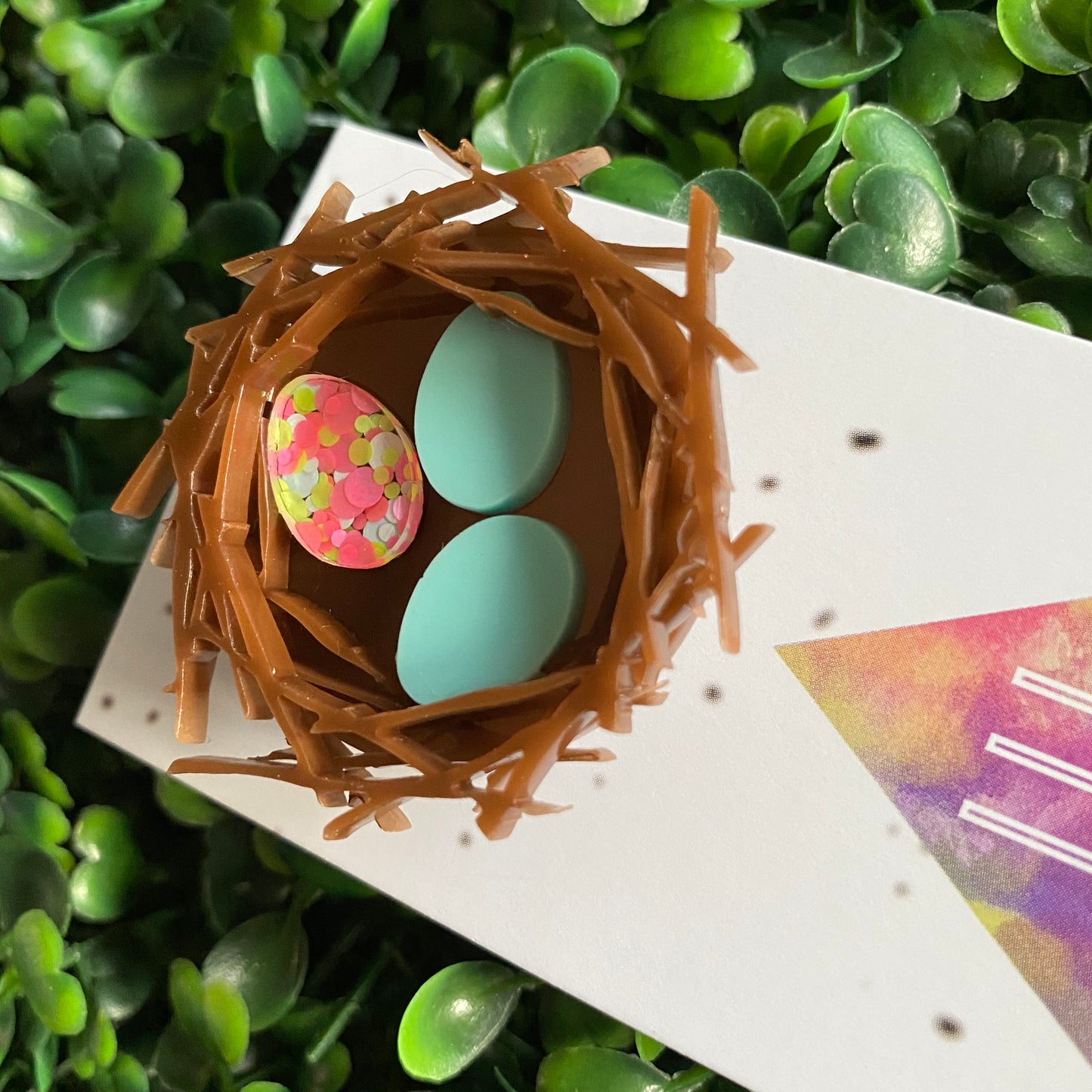 Easter Brooch. Birds Nest Brooch - Featuring 2 Matte Pastel Mint and 1 Colourful Speckled Eggs, set in a nest made of 3 layers of intricately cut acrylic.