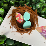 Easter Brooch. Birds Nest Brooch - Featuring 2 Matte Pastel Mint and 1 Colourful Speckled Eggs, set in a nest made of 3 layers of intricately cut acrylic.