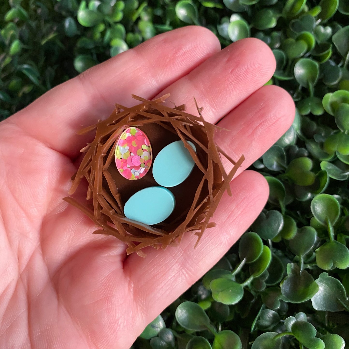 Easter Brooch. Birds Nest Brooch - Featuring 2 Matte Pastel Mint and 1 Colourful Speckled Eggs, set in a nest made of 3 layers of intricately cut acrylic.