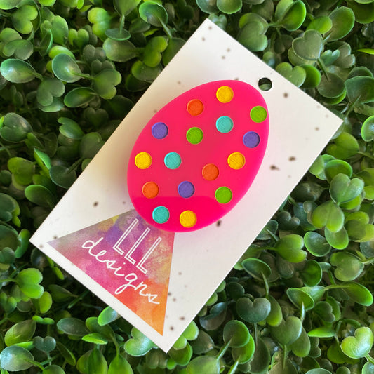Easter Egg Brooch. Hand Painted Hot Pink Easter Egg Brooch - Featuring Rainbow Polka Dots. Large Size.