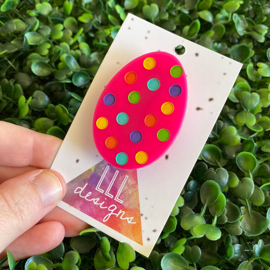 Easter Egg Brooch. Hand Painted Hot Pink Easter Egg Brooch - Featuring Rainbow Polka Dots. Large Size.