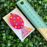 Easter Egg Brooch. Hand Painted Hot Pink Easter Egg Brooch - Featuring Rainbow Polka Dots. Large Size.