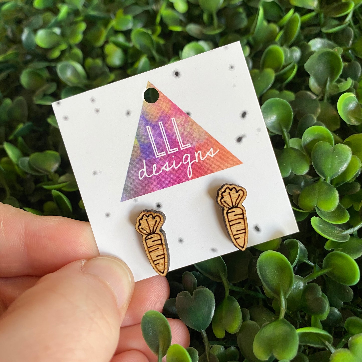 Carrot Earrings. Laser Cut and Etched Timber Carrot Stud Earrings.