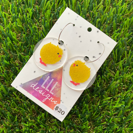 Easter Chicken Earrings - Hand Painted Chenille Easter Chicken Hoop Dangles.