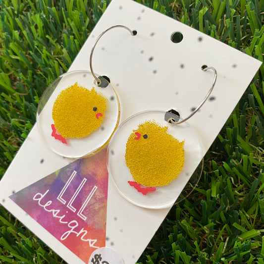 Easter Chicken Earrings - Hand Painted Chenille Easter Chicken Hoop Dangles.