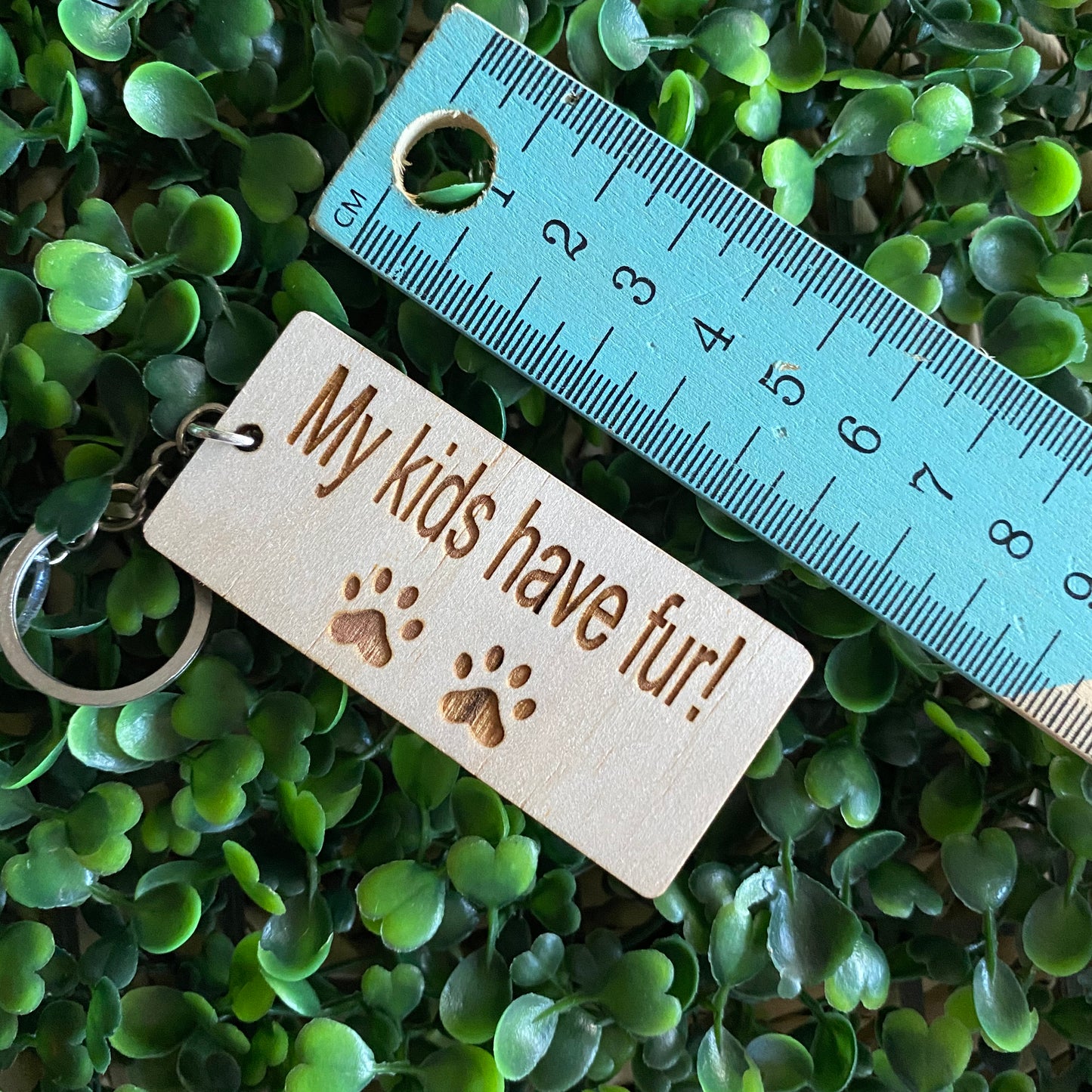 "My kids have fur!" Quirky Timber Keyring - Laser Cut & Etched on Timber with Silvertone Hardware finished with a LLL Logo Tag.