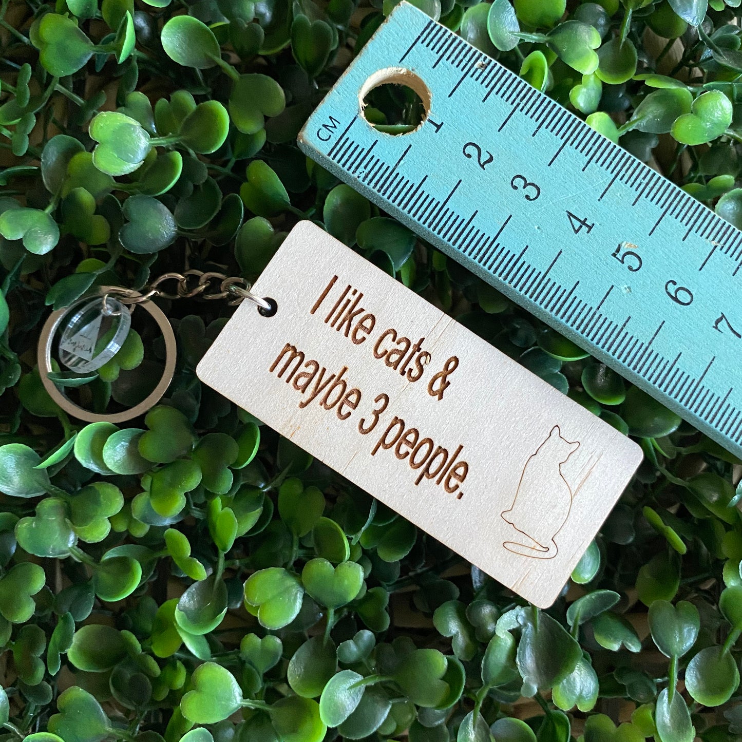 "I like cats & maybe 3 people" Quirky Timber Keyring - Laser Cut & Etched on Timber with Silvertone Hardware finished with a LLL Logo Tag.
