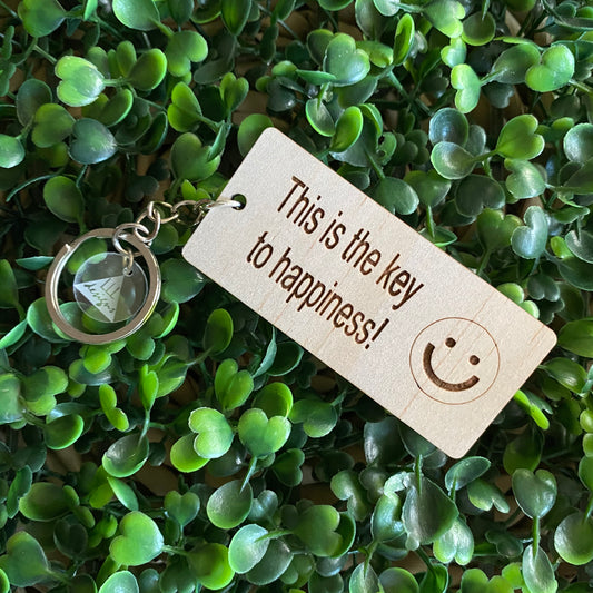 "This is the key to happiness! :)" Quirky Timber Keyring - Laser Cut & Etched on Timber with Silvertone Hardware finished with a LLL Logo Tag.