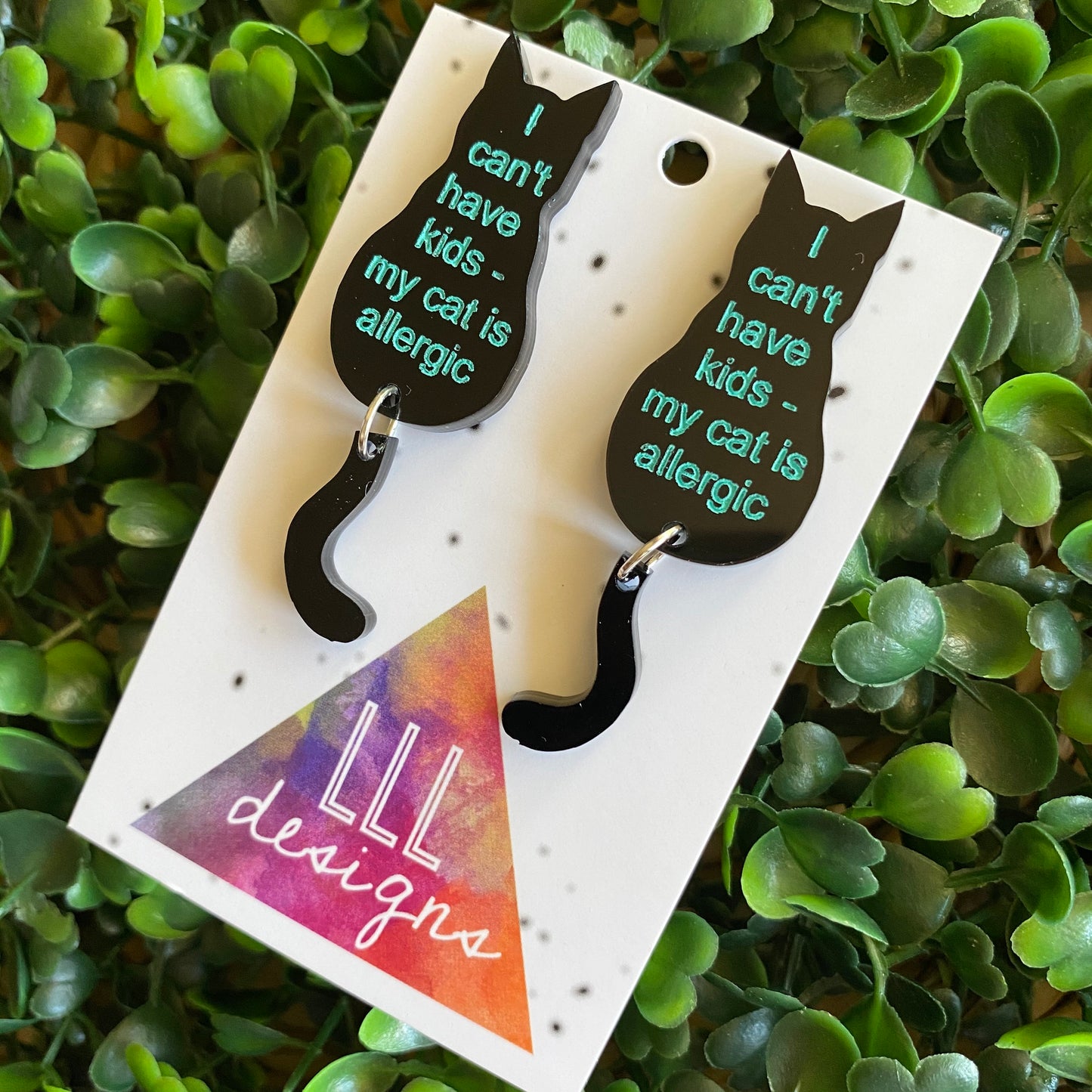 "I can't have kids - my cat is allergic" Sitting Kitty Earrings - Featuring Dangling Tails.