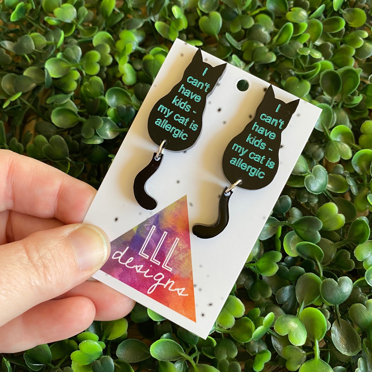 "I can't have kids - my cat is allergic" Sitting Kitty Earrings - Featuring Dangling Tails.