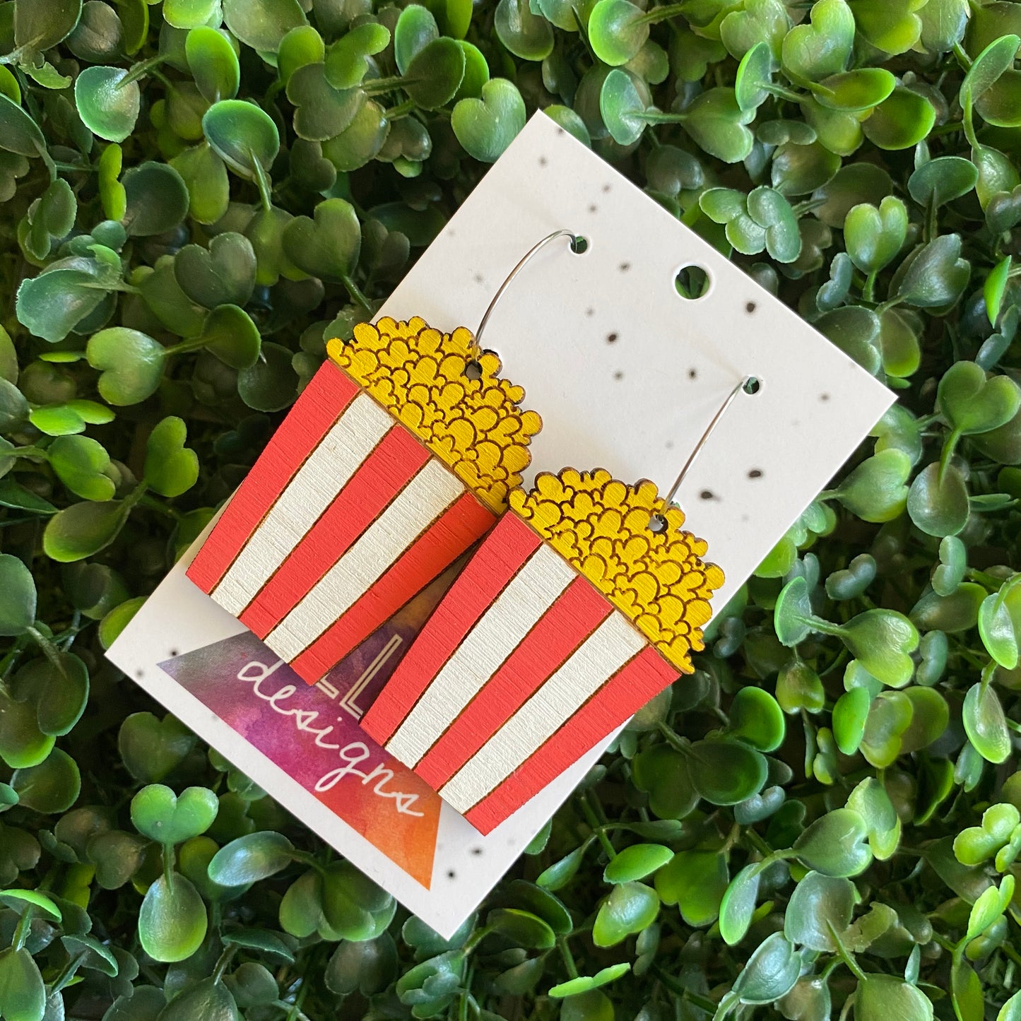 Popcorn Earrings. Hand Painted Bamboo Movie Popcorn Hoop Dangle Earrings.