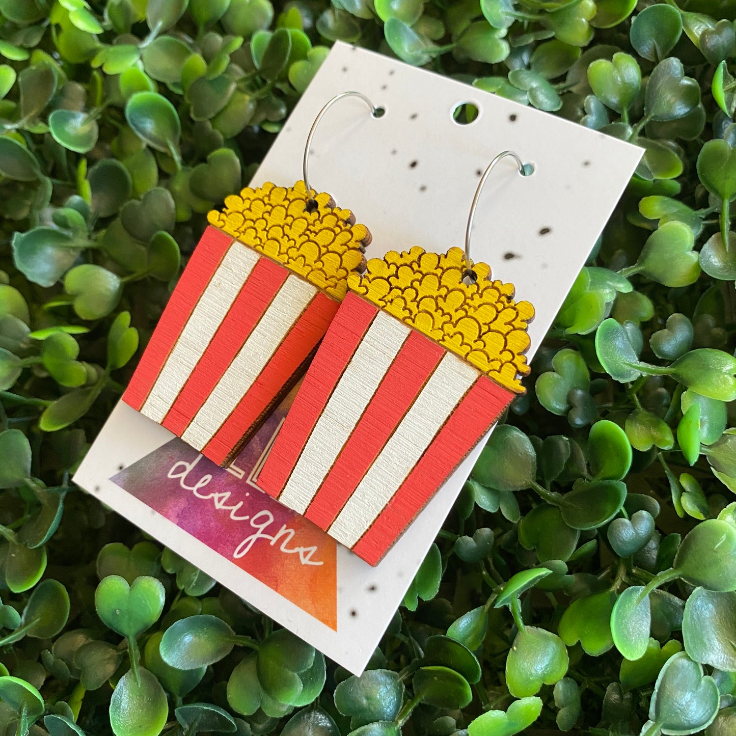 Popcorn Earrings. Hand Painted Bamboo Movie Popcorn Hoop Dangle Earrings.