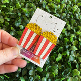Popcorn Earrings. Hand Painted Bamboo Movie Popcorn Hoop Dangle Earrings.