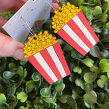 Popcorn Earrings. Hand Painted Bamboo Movie Popcorn Hoop Dangle Earrings.