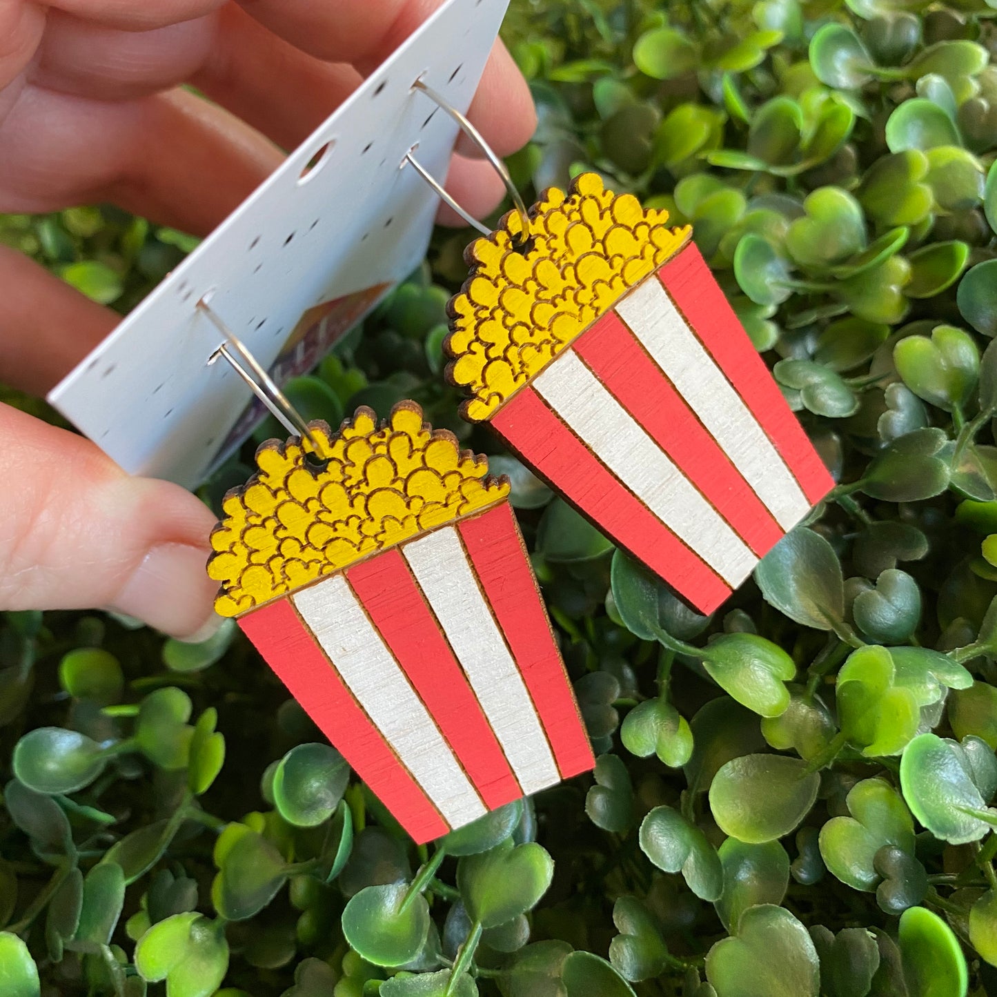 Popcorn Earrings. Hand Painted Bamboo Movie Popcorn Hoop Dangle Earrings.