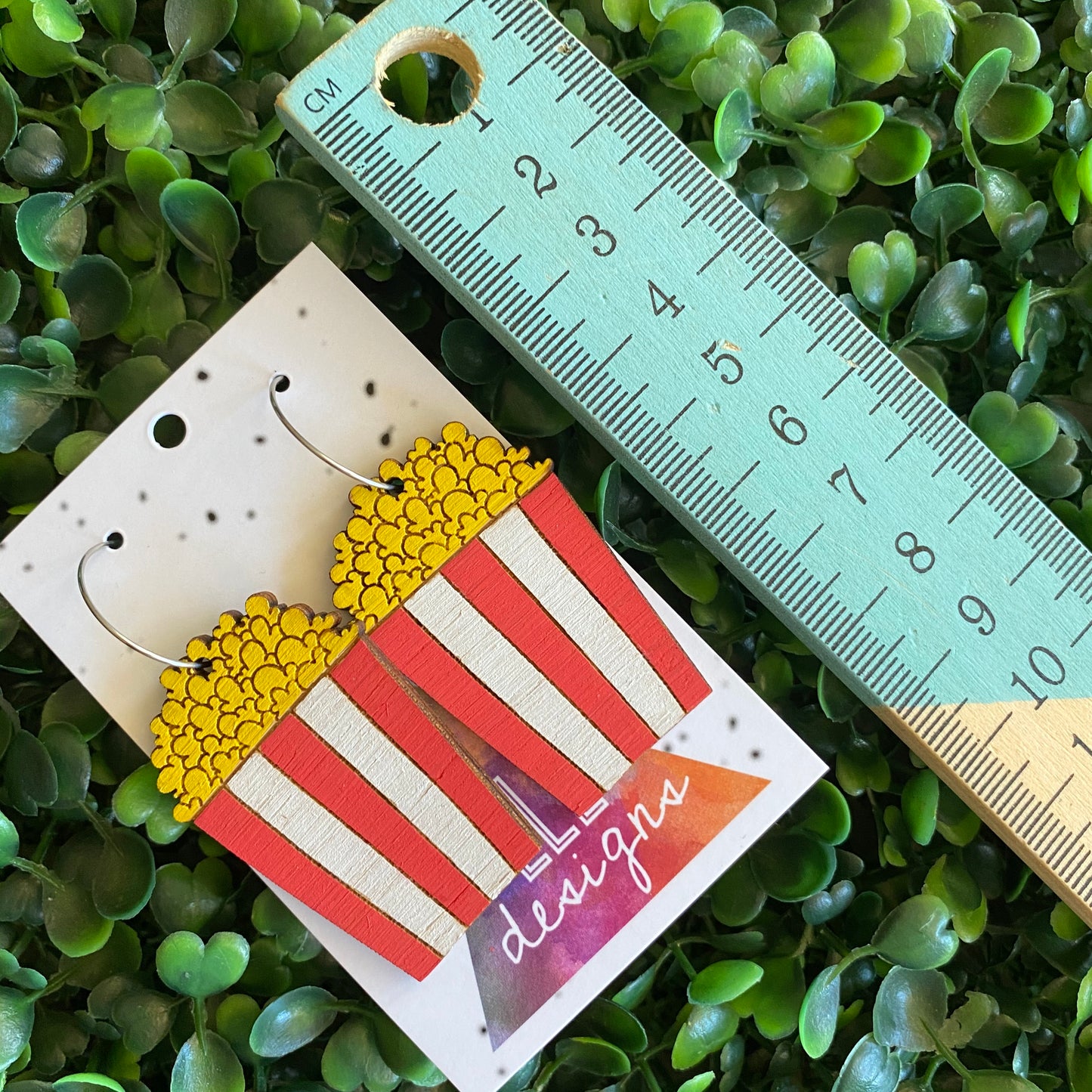 Popcorn Earrings. Hand Painted Bamboo Movie Popcorn Hoop Dangle Earrings.