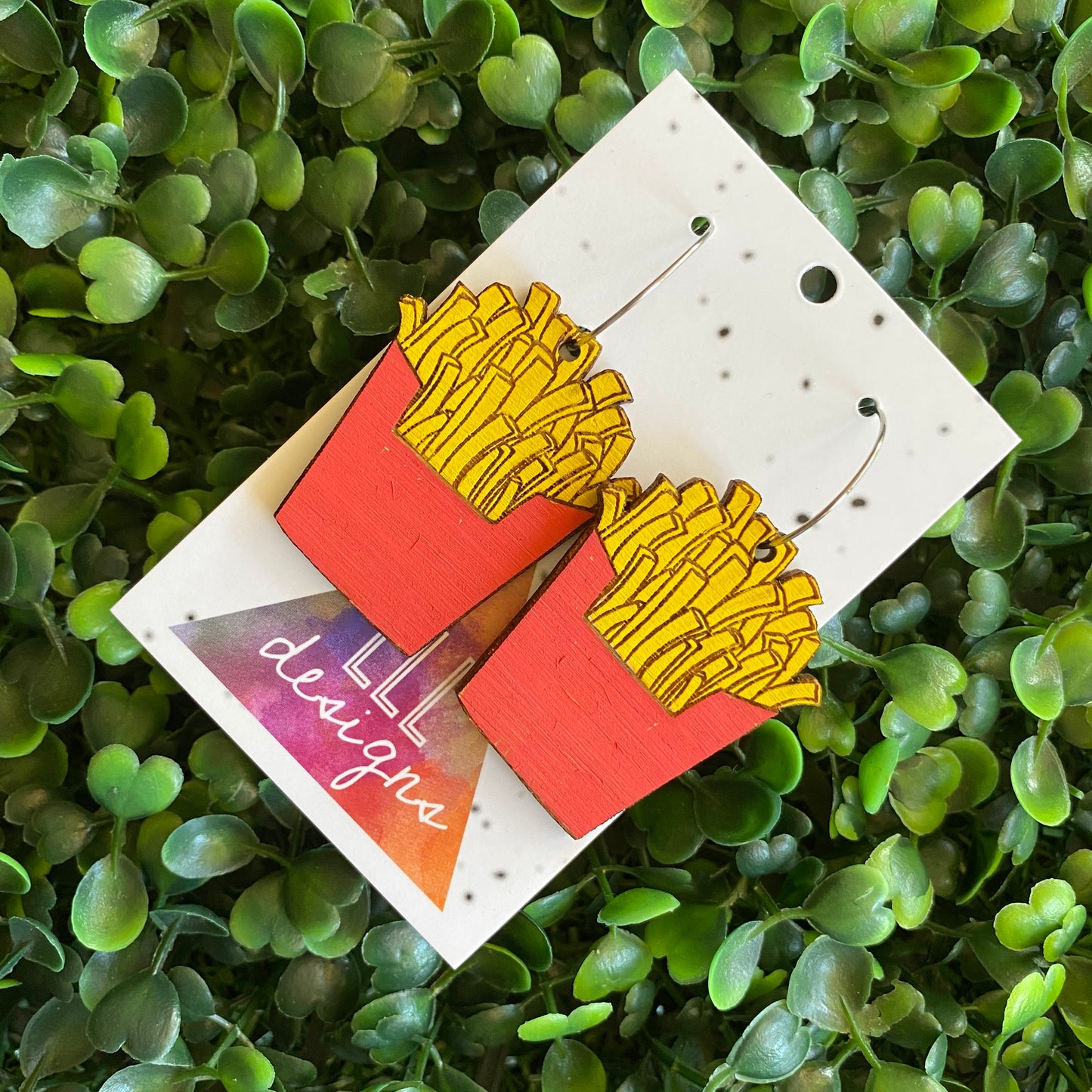 French Fry Earrings. Hand Painted Bamboo Iconic French Fry Dangle Hoop Earrings.