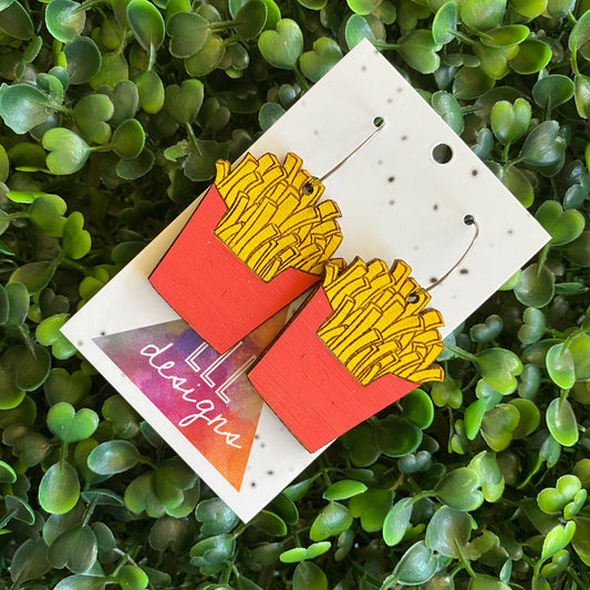 French Fry Earrings. Hand Painted Bamboo Iconic French Fry Dangle Hoop Earrings.