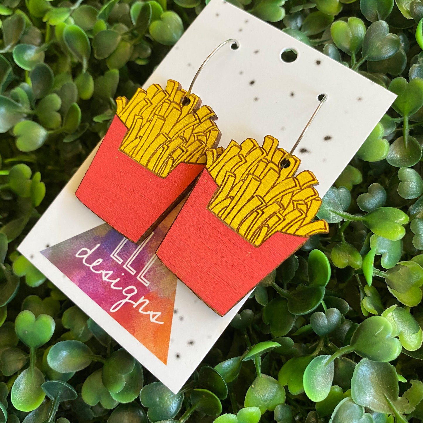 French Fry Earrings. Hand Painted Bamboo Iconic French Fry Dangle Hoop Earrings.