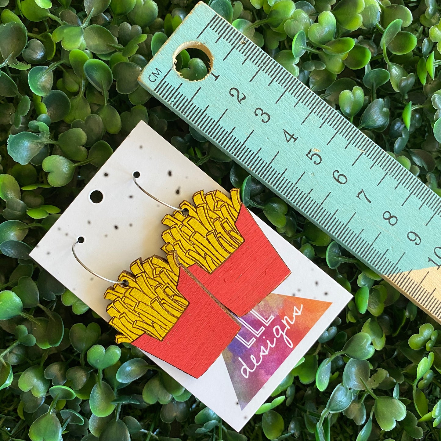French Fry Earrings. Hand Painted Bamboo Iconic French Fry Dangle Hoop Earrings.