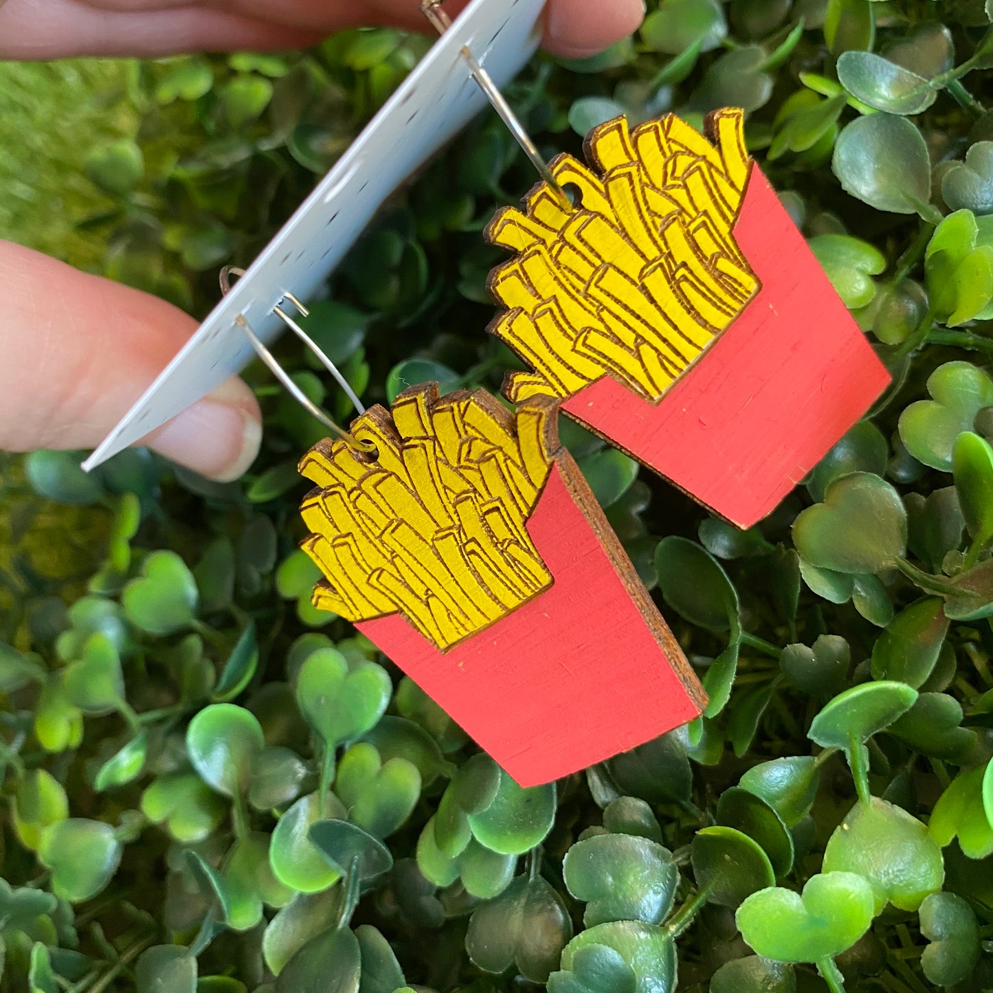 French Fry Earrings. Hand Painted Bamboo Iconic French Fry Dangle Hoop Earrings.