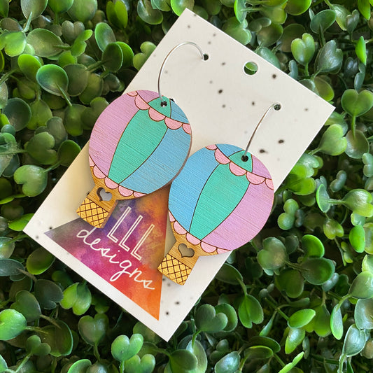 Hot Air Balloon Earrings. Hand Painted Pastel Rainbow Hot Air Balloon Hoop Dangle Earrings.