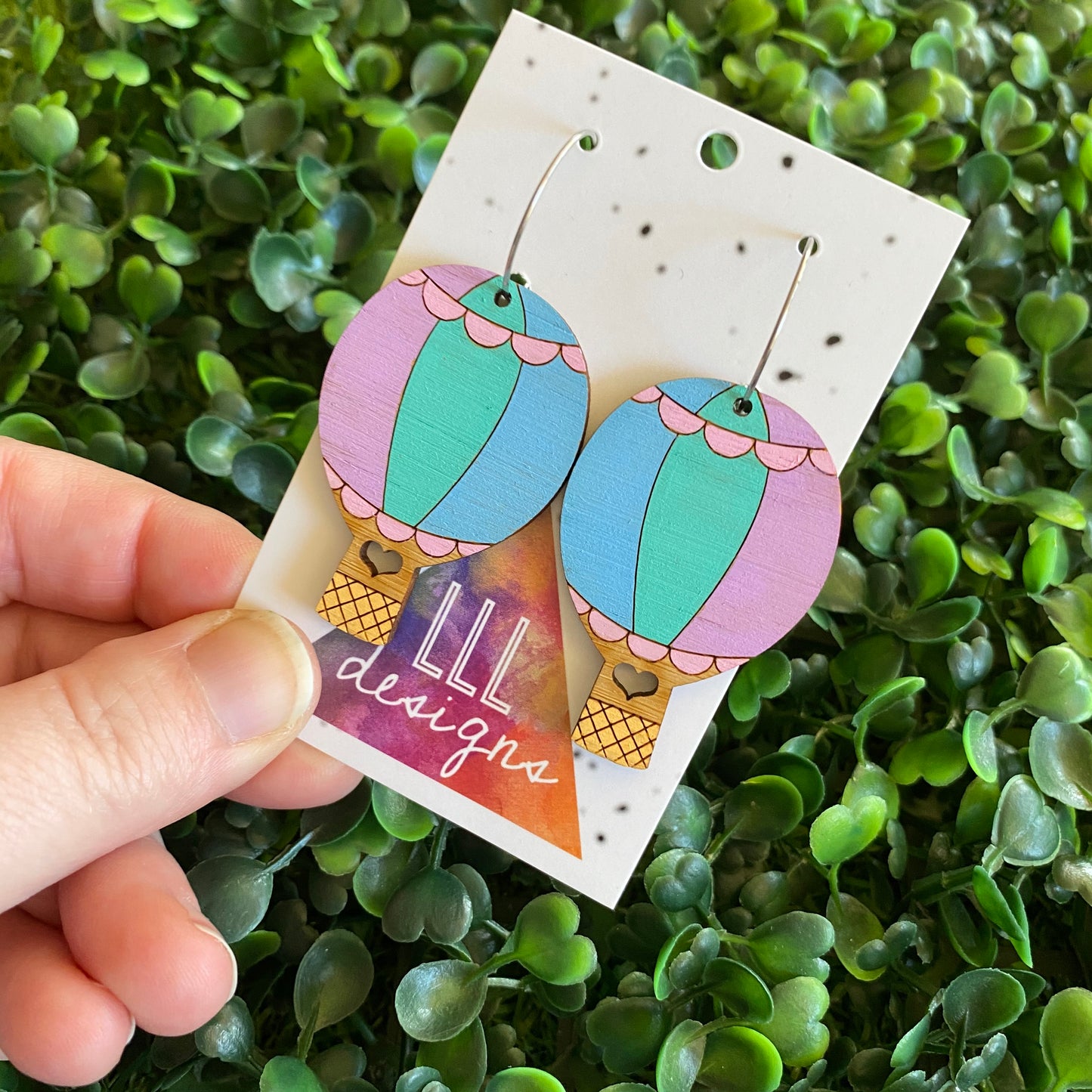 Hot Air Balloon Earrings. Hand Painted Pastel Rainbow Hot Air Balloon Hoop Dangle Earrings.
