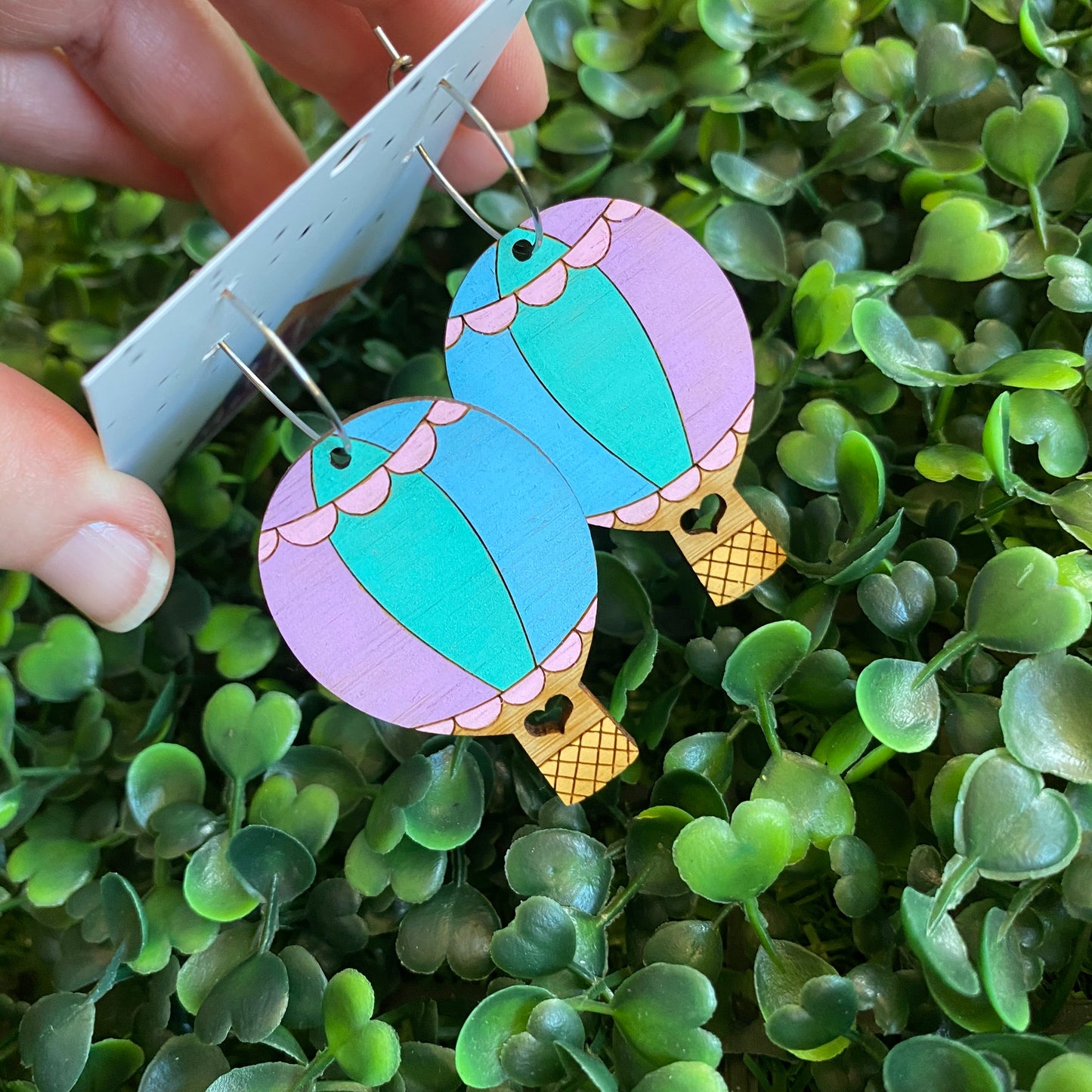 Hot Air Balloon Earrings. Hand Painted Pastel Rainbow Hot Air Balloon Hoop Dangle Earrings.