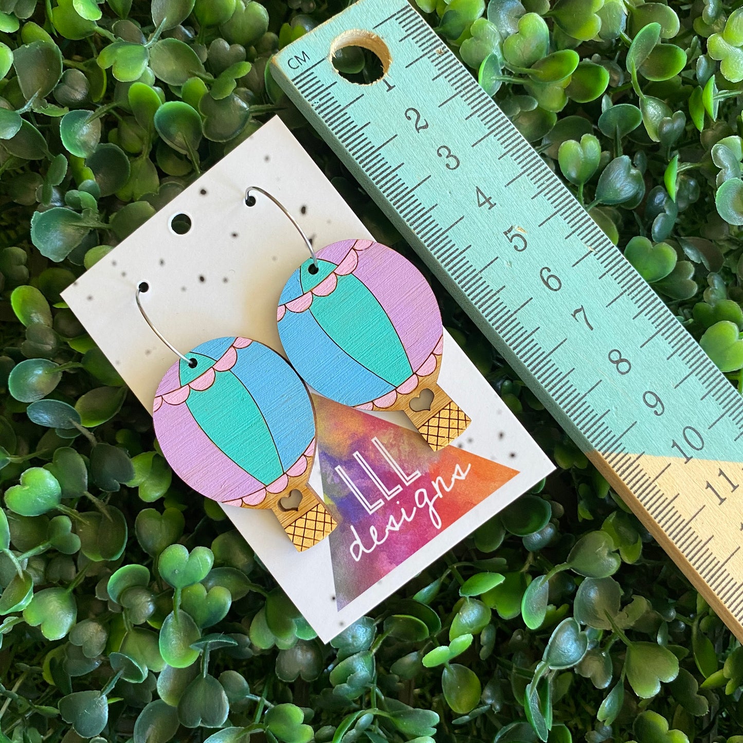 Hot Air Balloon Earrings. Hand Painted Pastel Rainbow Hot Air Balloon Hoop Dangle Earrings.