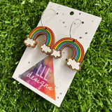 Rainbow Earrings. Hand Painted Timber Classic Rainbow Hoop Earrings. (Med Size)