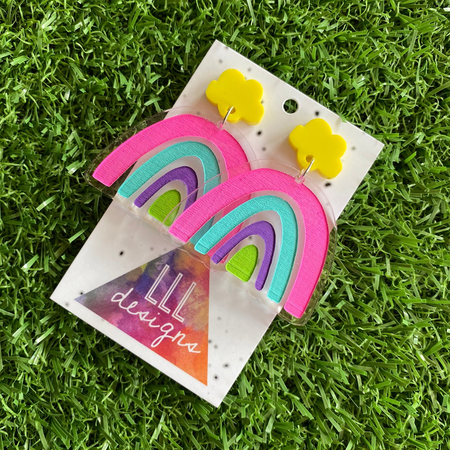 Rainbow Earrings. Quirky Colourful Hand Painted Clear Acrylic Rainbow Dangle Earrings with Fun Bright Yellow Cloud Tops to make them POP!