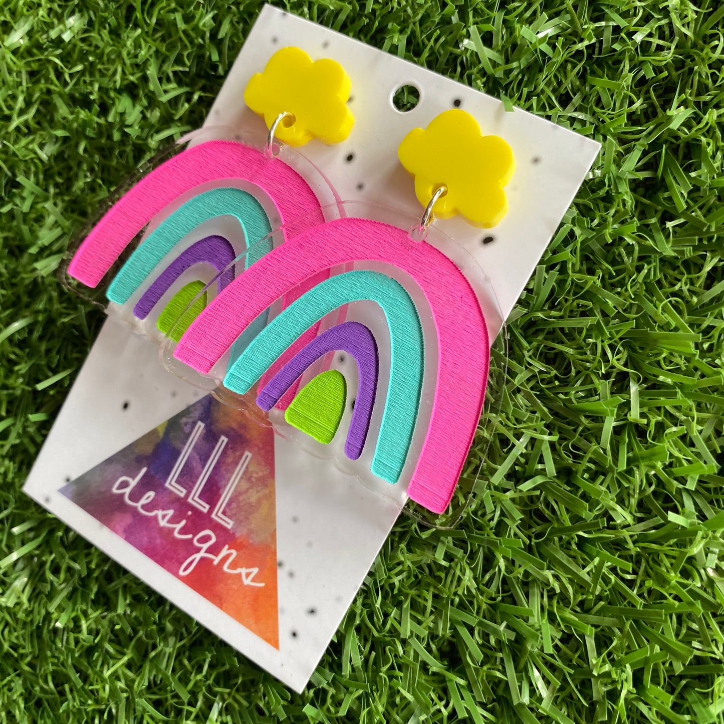 Rainbow Earrings. Quirky Colourful Hand Painted Clear Acrylic Rainbow Dangle Earrings with Fun Bright Yellow Cloud Tops to make them POP!