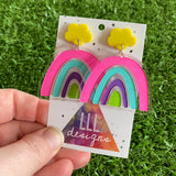 Rainbow Earrings. Quirky Colourful Hand Painted Clear Acrylic Rainbow Dangle Earrings with Fun Bright Yellow Cloud Tops to make them POP!