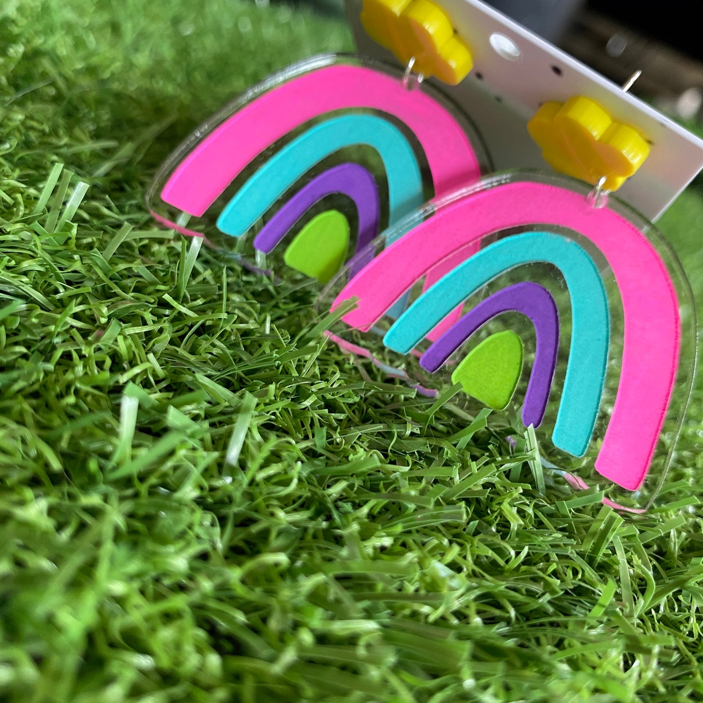 Rainbow Earrings. Quirky Colourful Hand Painted Clear Acrylic Rainbow Dangle Earrings with Fun Bright Yellow Cloud Tops to make them POP!