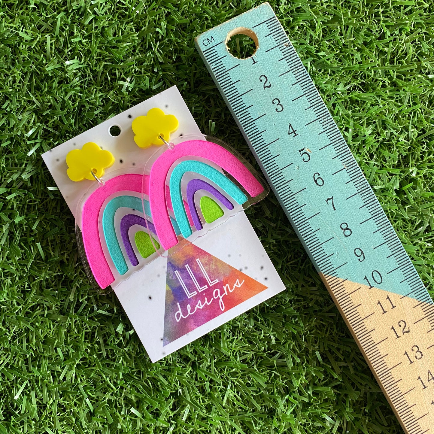 Rainbow Earrings. Quirky Colourful Hand Painted Clear Acrylic Rainbow Dangle Earrings with Fun Bright Yellow Cloud Tops to make them POP!