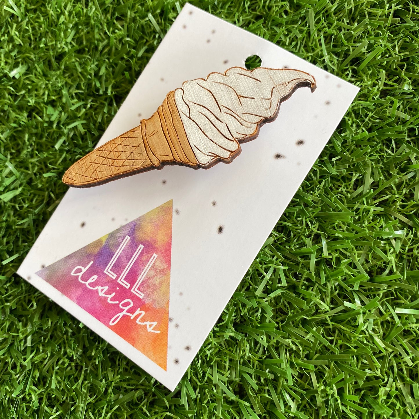 Ice Cream Brooch. Hand Painted Bamboo Soft Serve Ice Cream Brooch. A Mr Whippy Delight ;)