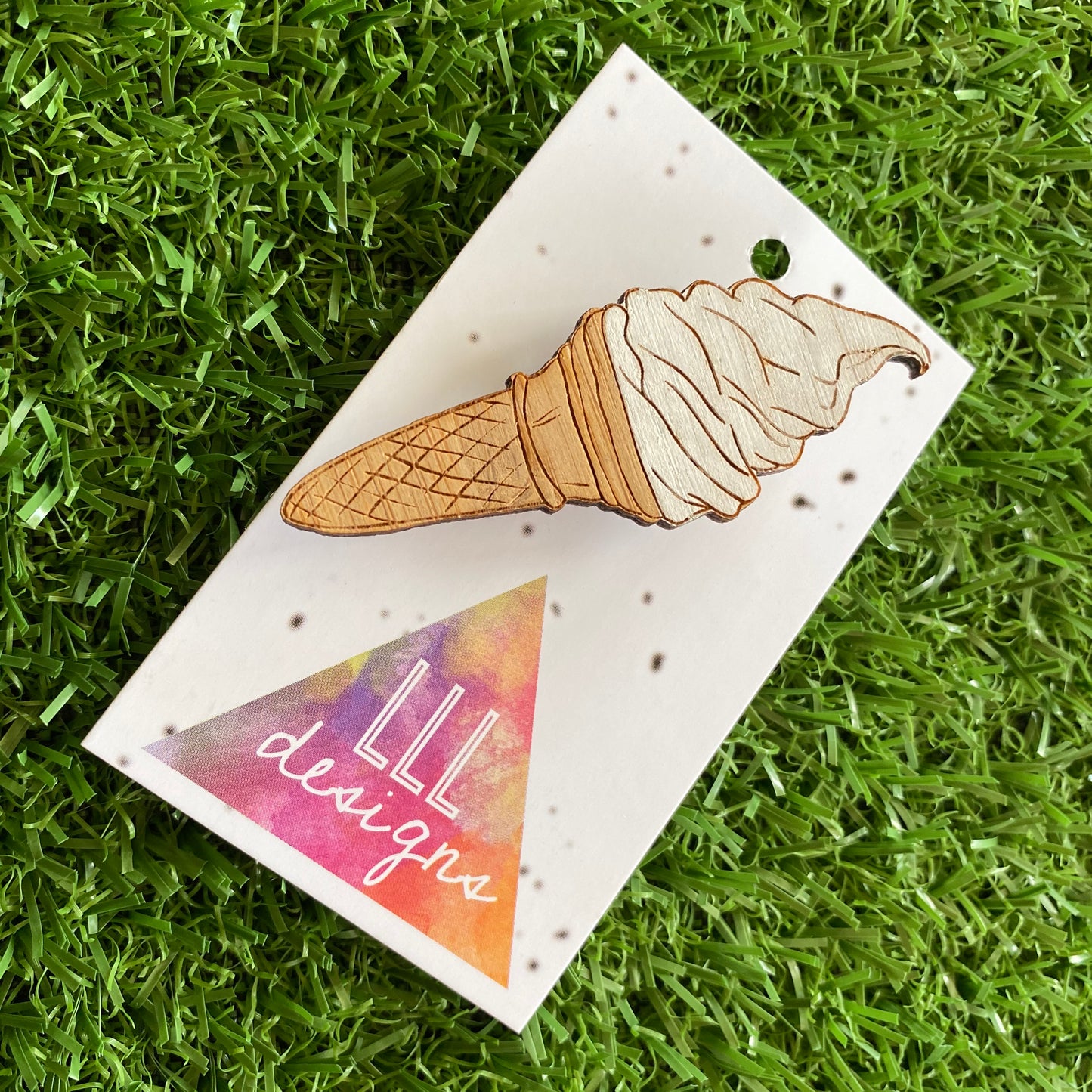 Ice Cream Brooch. Hand Painted Bamboo Soft Serve Ice Cream Brooch. A Mr Whippy Delight ;)