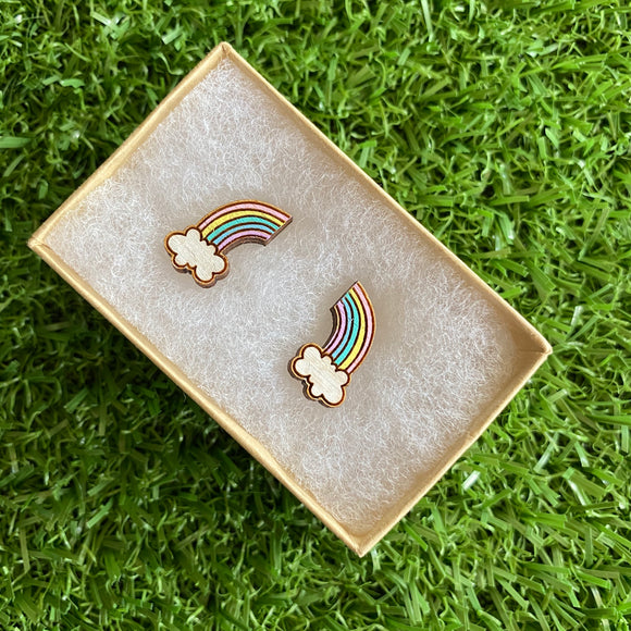 Rainbow Earrings. Itty Bitty Hand Painted Pastel Rainbow and Cloud Bamboo Stud Earrings. (Pastel Colour Way)