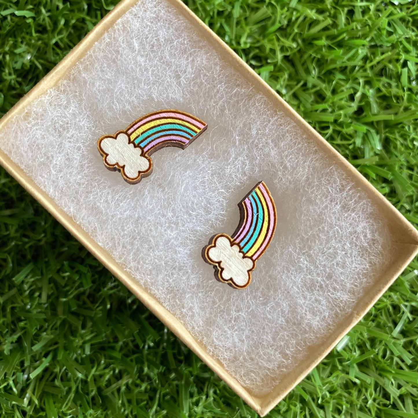Rainbow Earrings. Itty Bitty Hand Painted Pastel Rainbow and Cloud Bamboo Stud Earrings. (Pastel Colour Way)