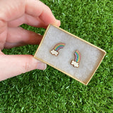 Rainbow Earrings. Itty Bitty Hand Painted Pastel Rainbow and Cloud Bamboo Stud Earrings. (Pastel Colour Way)
