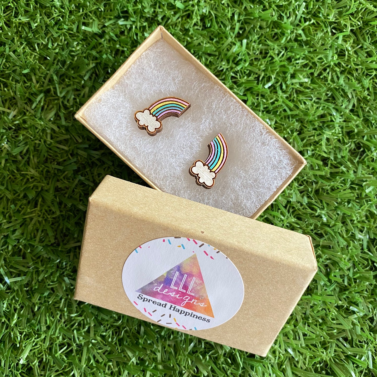 Rainbow Earrings. Itty Bitty Hand Painted Pastel Rainbow and Cloud Bamboo Stud Earrings. (Pastel Colour Way)