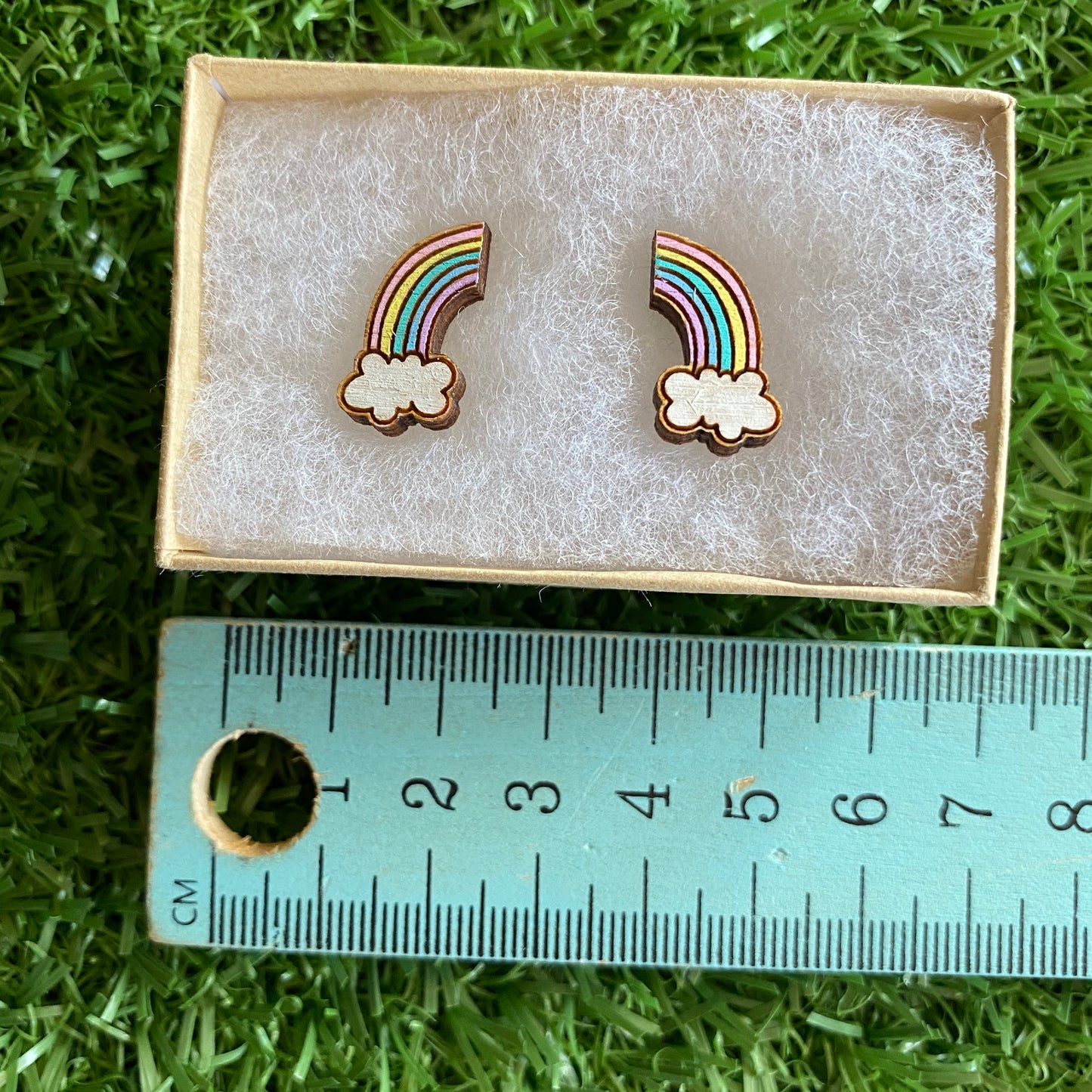 Rainbow Earrings. Itty Bitty Hand Painted Pastel Rainbow and Cloud Bamboo Stud Earrings. (Pastel Colour Way)