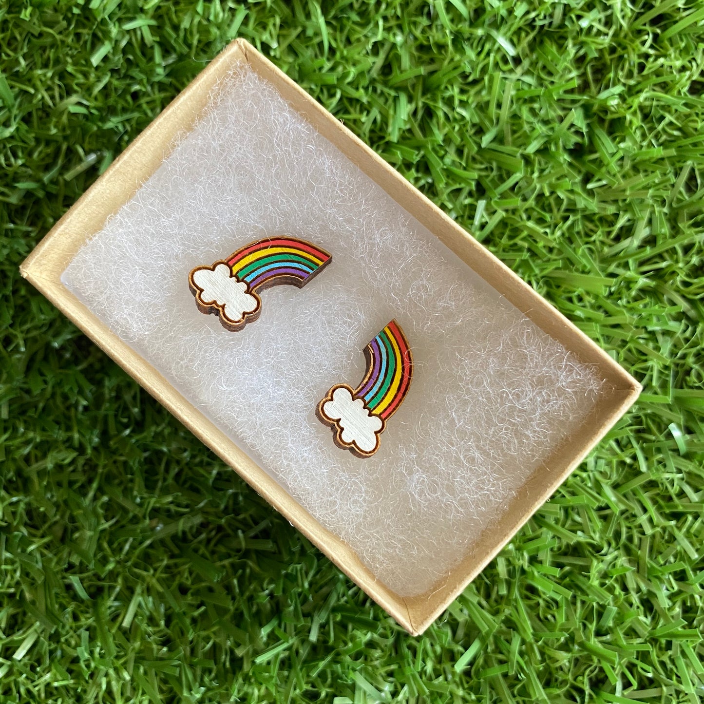 Rainbow Earrings. Itty Bitty Hand Painted Classic Rainbow and Cloud Bamboo Stud Earrings. (Classic Colour Way).