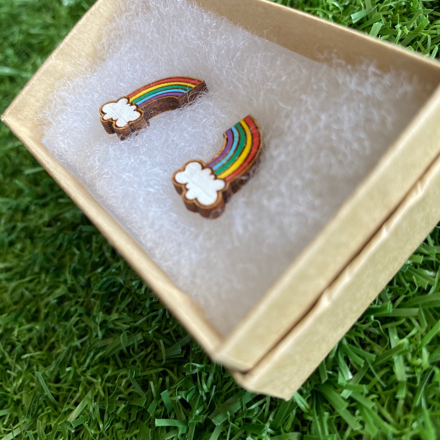 Rainbow Earrings. Itty Bitty Hand Painted Classic Rainbow and Cloud Bamboo Stud Earrings. (Classic Colour Way).