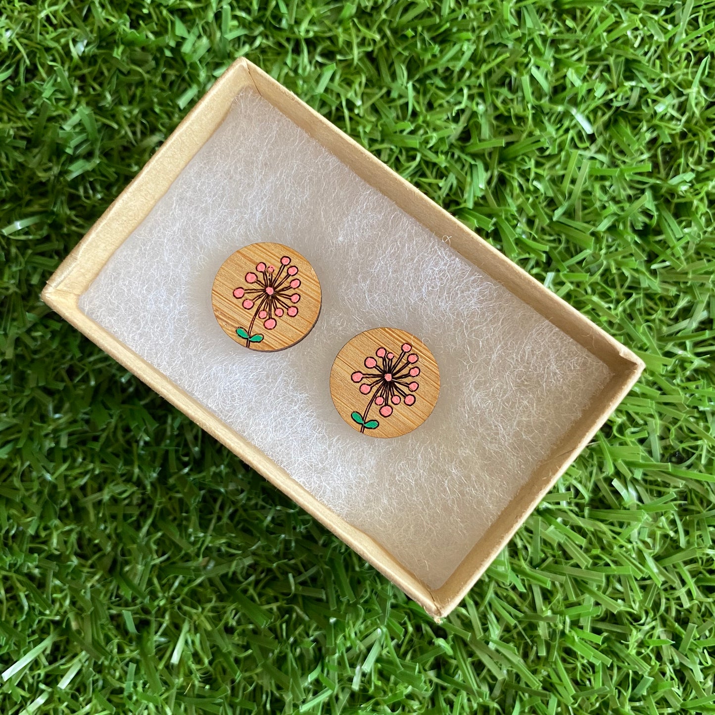 Flower Earrings. Hand Painted Coral Flower Burst Bamboo Stud Earrings.