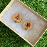 Flower Earrings. Hand Painted Coral Flower Burst Bamboo Stud Earrings.